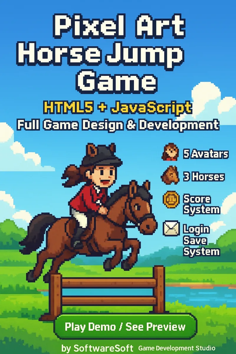 develop a pixel art equestrian jump game with level progression and scoring system