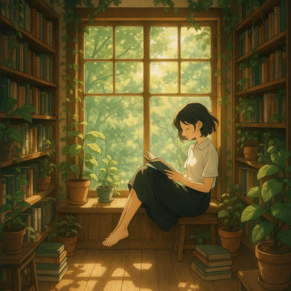 Serene Reading Moment – Anime Girl in Sunlit Library